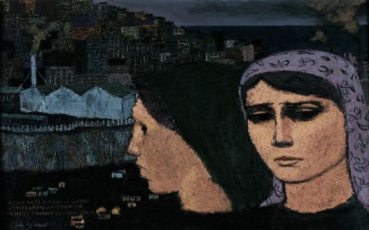 Nuri İyem, “Açar Gecekondu Gülleri Kentler”, 1978, duralit üzerine yağlıboya, 44X36.5 cm.